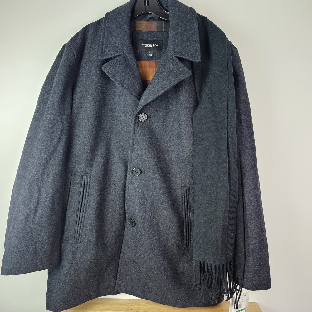 LONDON FOG Mens Amity Classic Scarf‎ Coat Charcoal Grey Large WOOL MSRP $275 NWT